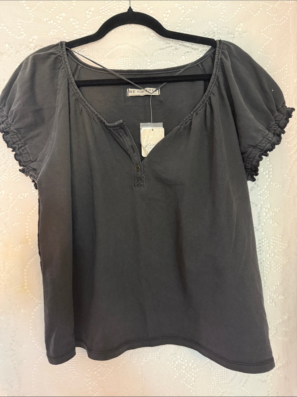 Free People We The Free Charcoal Puff Sleeve Henley Tee